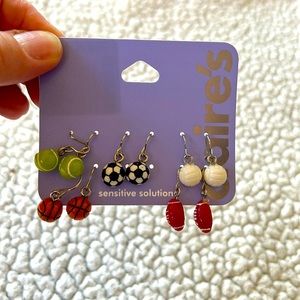 NWT Claire’s Five Sets Sports Earrings Pierced Ears Volleyball Soccer Tennis